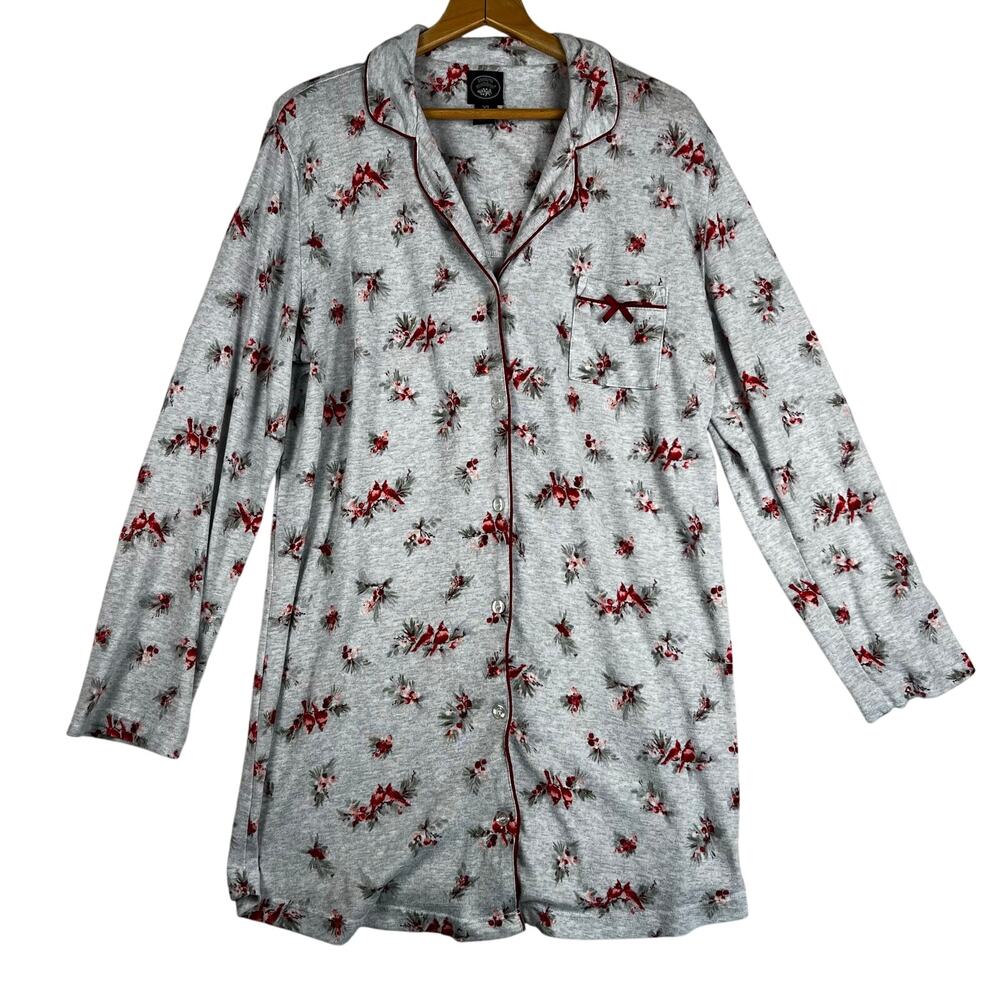Laura Ashley Gray Long Sleeve Floral-Print Pajama Top with Red Accents